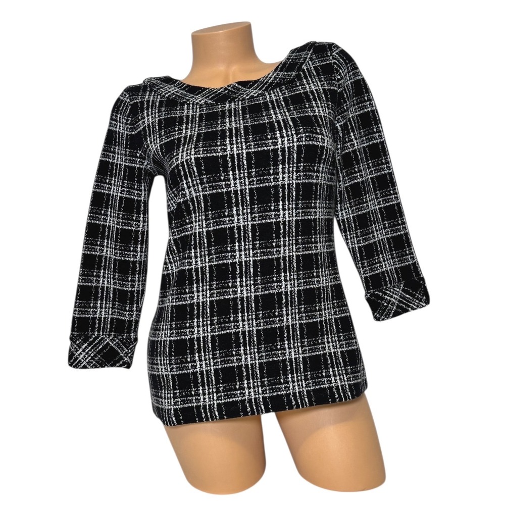 Talbots Womens Size XS Black‎ White Plaid Tweed Knit Tunic Top 3/4 Sleeve